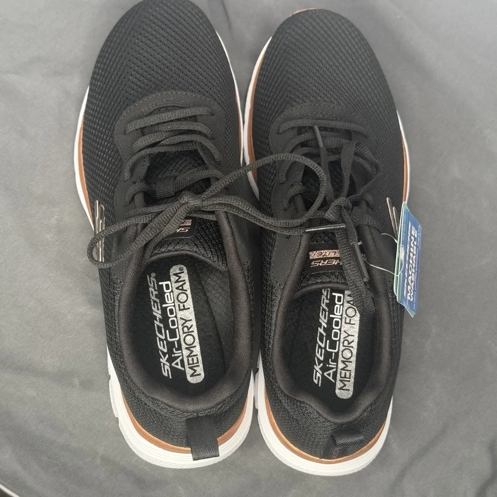 Skechers Flex Appeal 4.0 Black/Rose Gold Lace Up Sneakers. Sz. 7.5 NWT